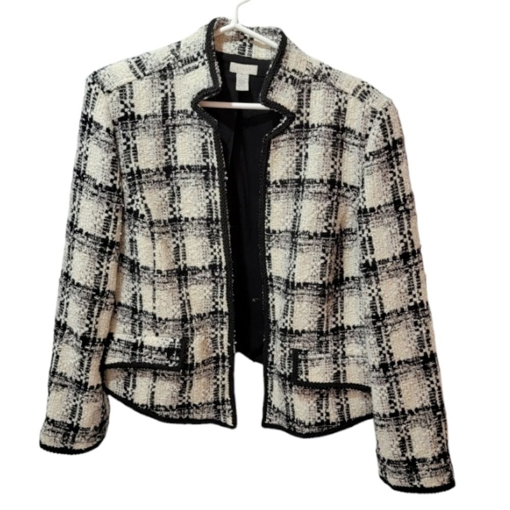 Chico's black white blazer jacket CHICO'S Size 2 wool blend metallic thread *